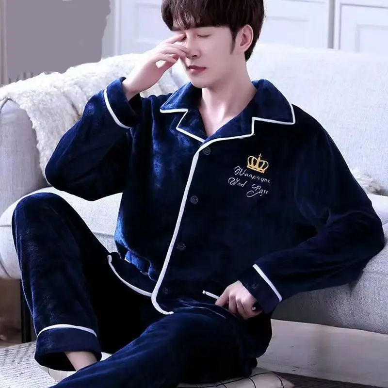 Sleepwear Pyjamas Autumn Winter Men Pajamas Sets Coral Velvet Long Sleeve Warm Flannel Loungewear Sets  Fashion Clothes