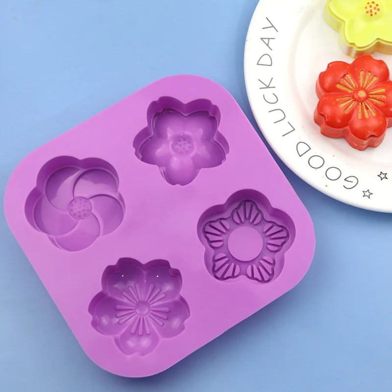 4 different flowers in a row, silicone cake mold, handmade essential oil soap mold, DIY candle mold