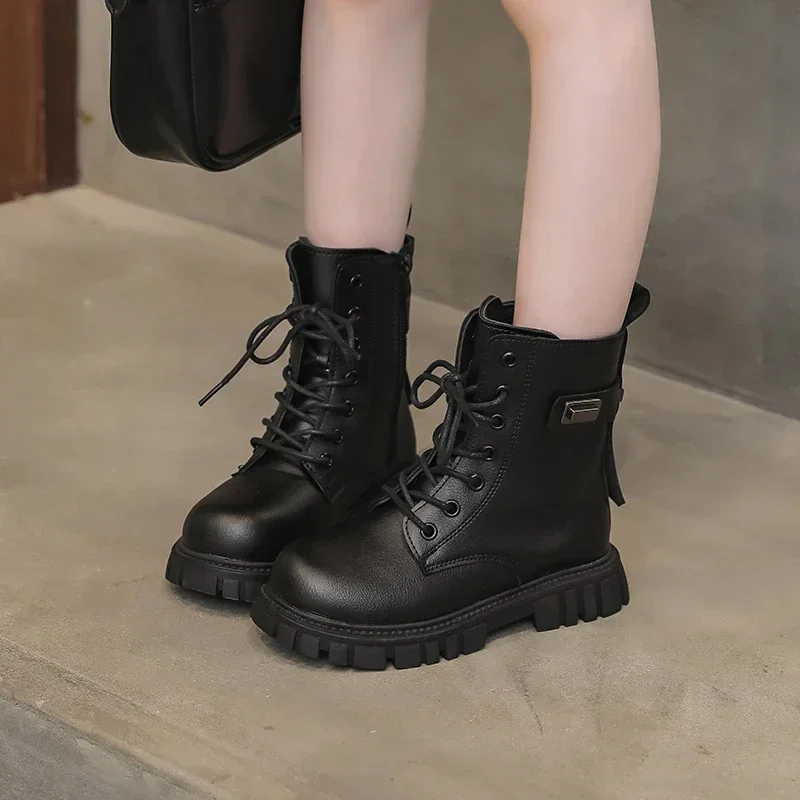 Girls Fashion Boots Kids Black Boots Motorcycle Tide British Style Kids Rubber Boots 2024 Autumn Winter Warm with Metal Buckle