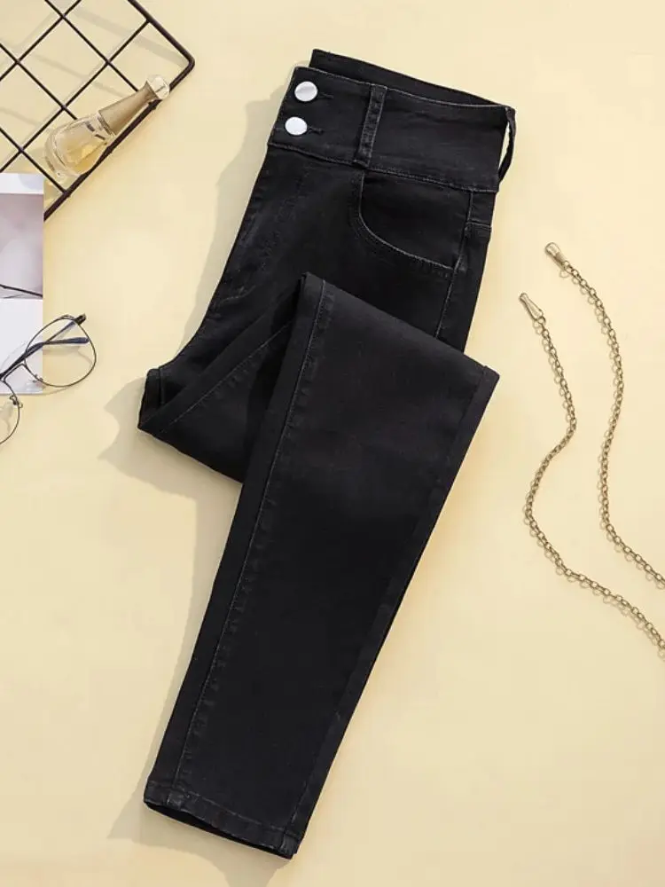 Women High Waist Jeans 2024 Fashion Double-Breasted Cropped Trousers Stretch Vintage Slim Denim Pencil Pants For Women