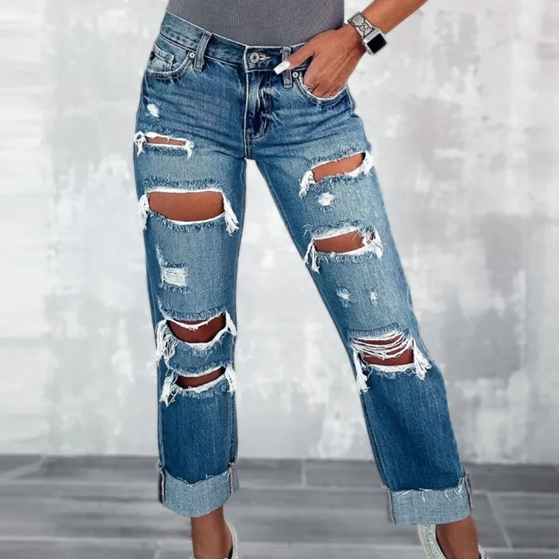 

Wepbel High Waist Jeans Streetwear Trousers Ripped Straight Denim Pants Street Style Long Jeans for Women Hole Washed Jeans