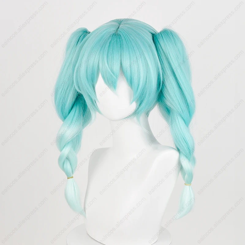 Miku Bunny Cosplay Pruik 45Cm Lang Gevlochten Paardenstaarten Pruiken Cyaan Gradiënt Hittebestendig Synthetisch Haar