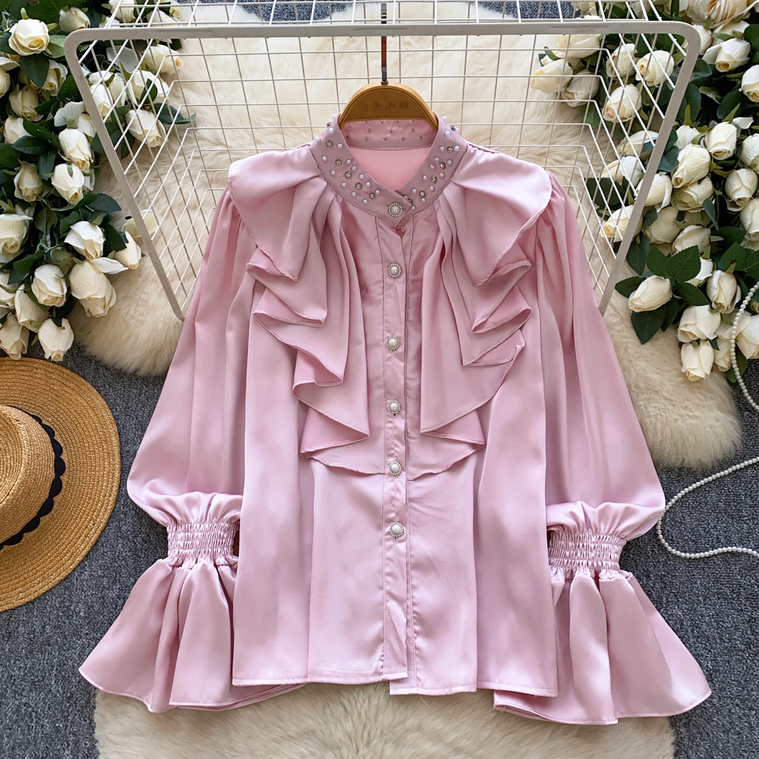 

Vintage Elegant Long Sleeve flare sleeve satin Top Korean Streetwear High Street Autumn Basics T-Shirts