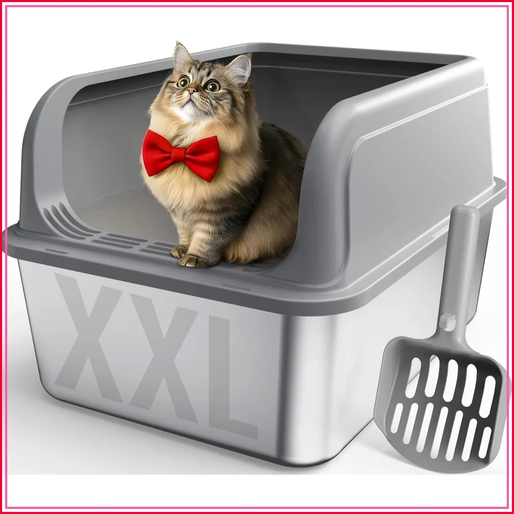 Stainless Steel Cat Litter Box, High-Sided, Anti-Leakage Top Entry, Non-Sticky, Easy Clean, 8-Inch Deep Pan, XXL