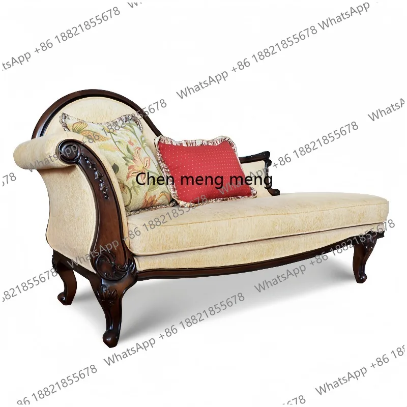 

American retro solid wood fabric sofa recliner French carved leisure chaise longue bedroom