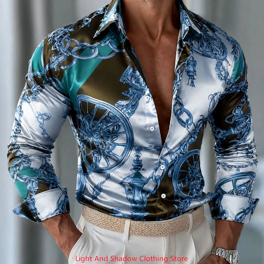 Men's Fashion Luxury Satin Shirt Baroque Angel Flower Printed Long Sleeve Collar Button Shirt Men's Social Party Casual Shirt