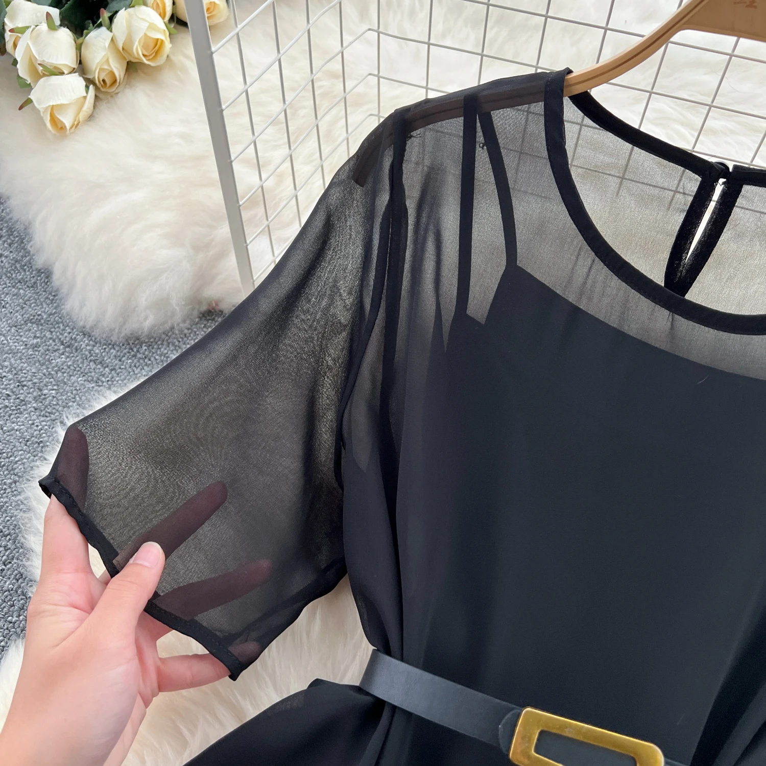 Vestido preto longo para mulheres, costura em malha, elegante vestido de festa para noite chique, duas camadas, verão e outono, novo, 2022