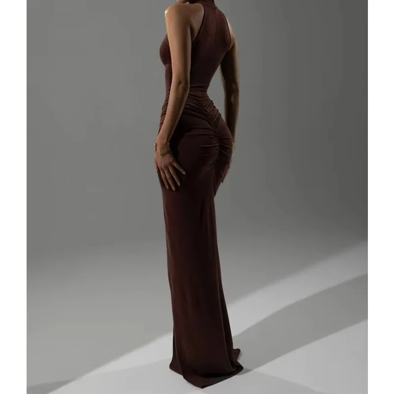 Ruched Sleeveless Sexy Maxi Dress Women Gown Fashion Slim High Waist Evening Club Party Split Long Dress