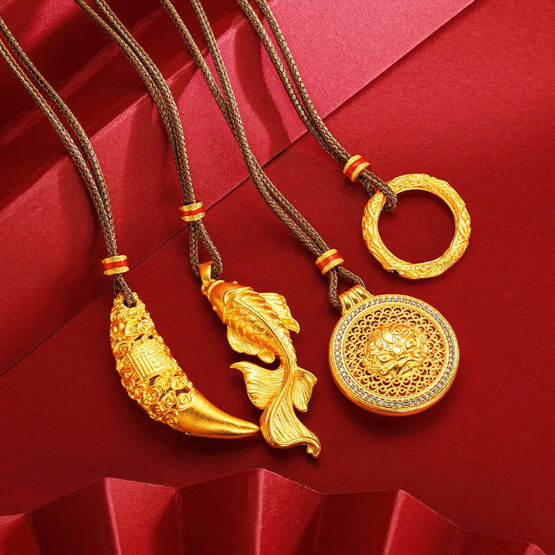 9999 24K Real Gold Koi Pendant Micro Inlaid Divine Beast Compass Hollow Wolf Teeth Necklace