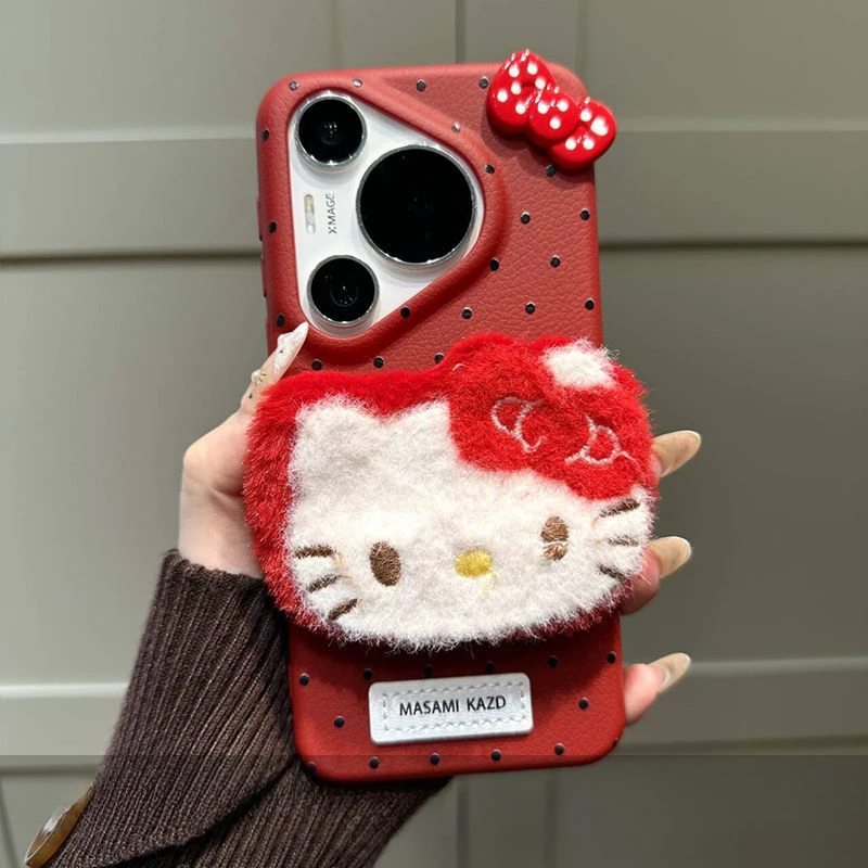 Cute Hello Kitty Plush Wave point bow Kawaii Phone Case For Iphone 16 15 14 13 Promax Y2k Sweet Girl Phone Protective Cover