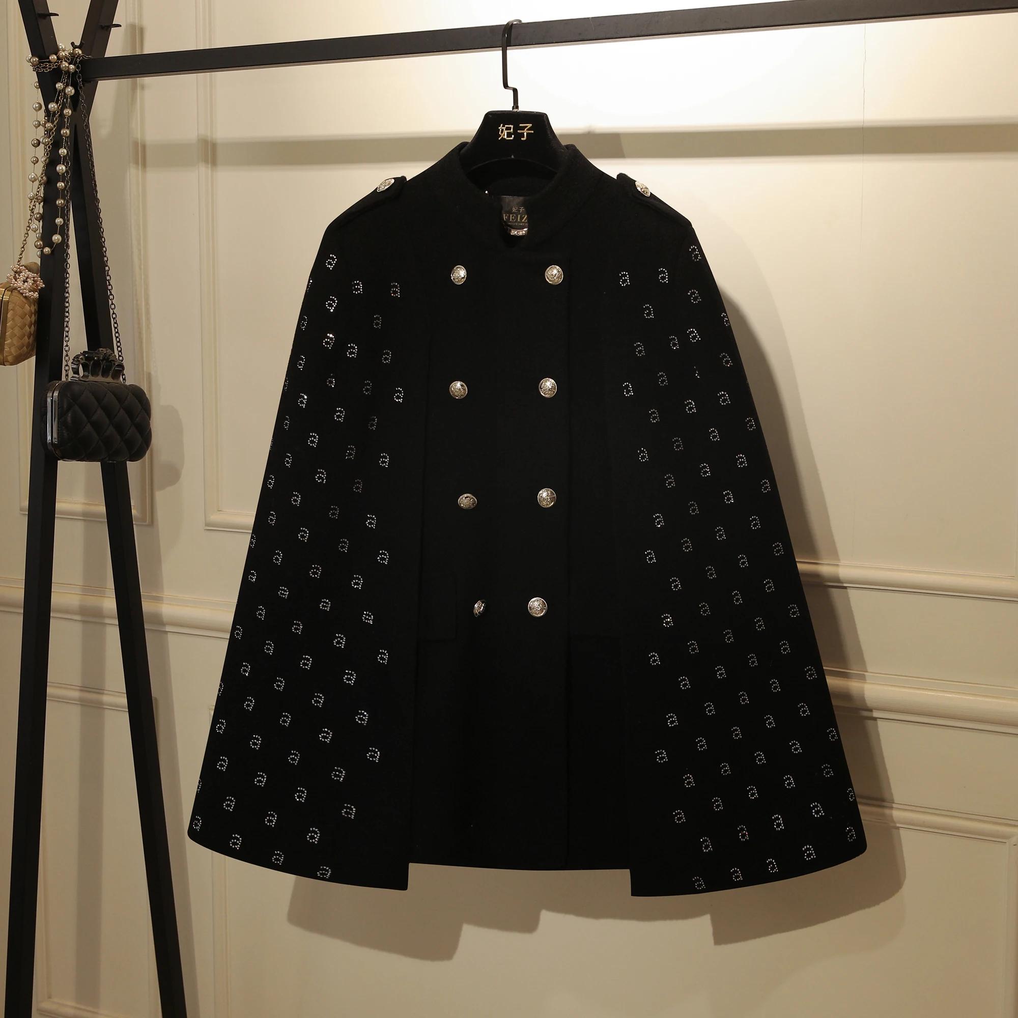 Women Winter Double Breasted Long Casual Stand Collar White Black Tweed Style Cloak Cape Woolen Coat Outwear