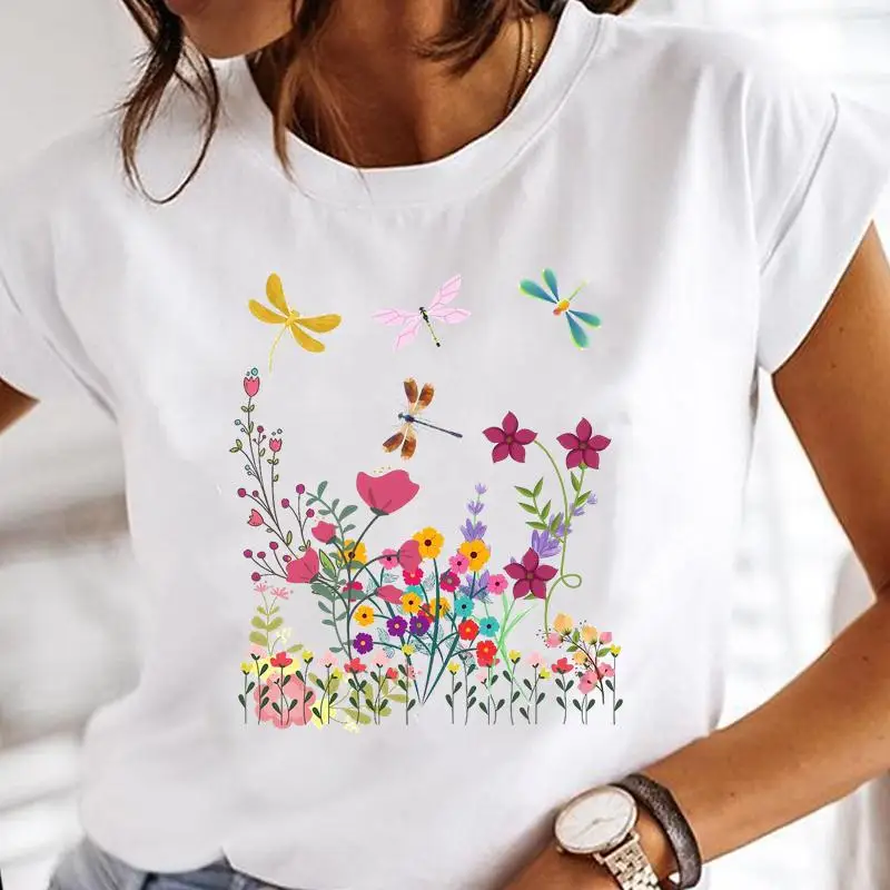 Women Print Clothes Flower Lovely Cute Female Tops Tee Tshirt Fashion Print Cartoon O-neck Ladies Graphic T-Shirt