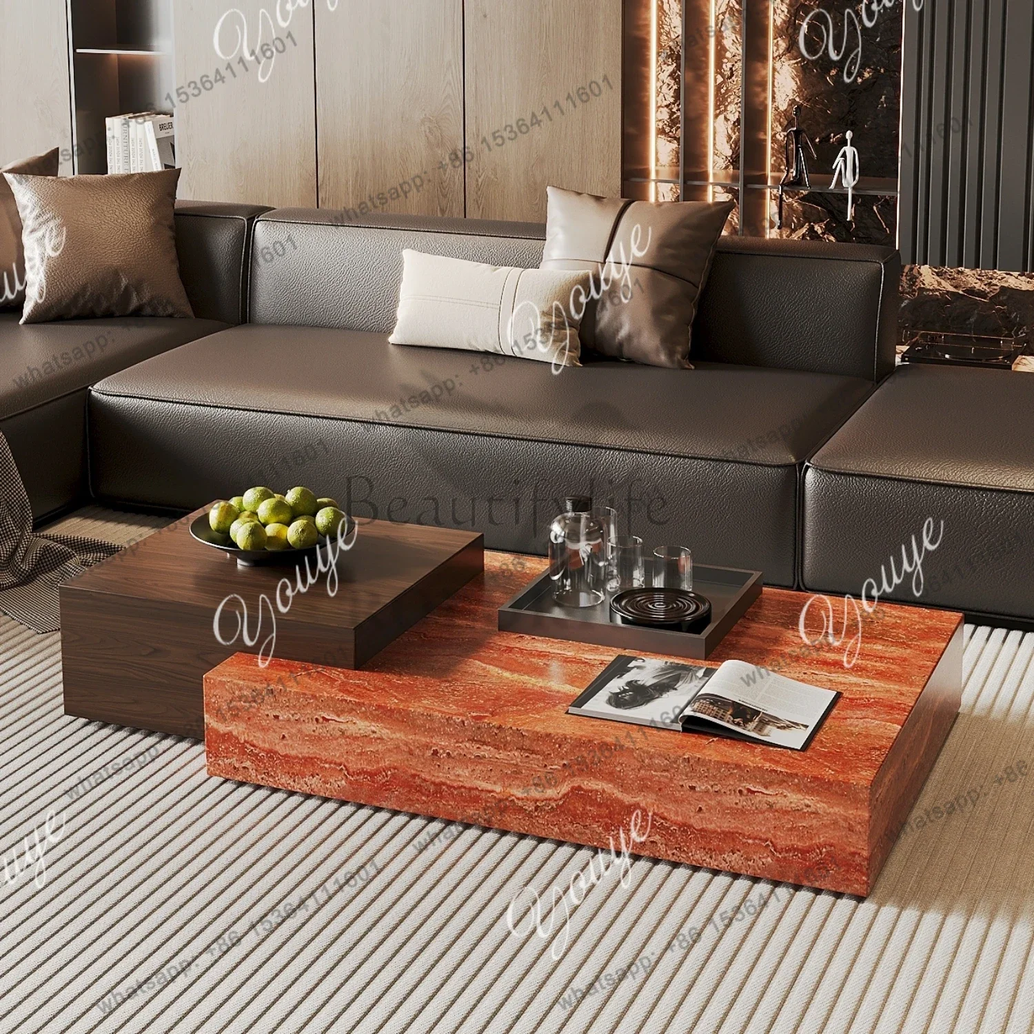 

Red Travertine Combination Coffee Table Retro Style Living Room High-end Luxury Stone Light Luxury