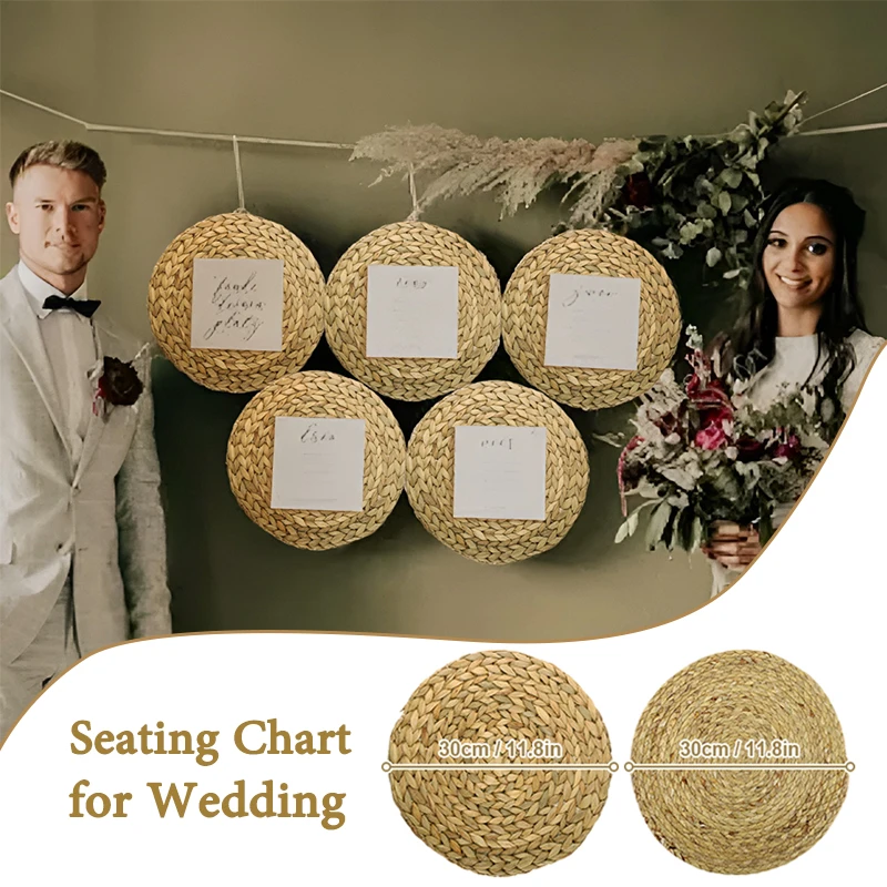 

6-12Pcs Wedding Seating Chart Display Board Handmade Natural Straw Woven Mats DIY Wedding Party Table Mats Round Braided Placema