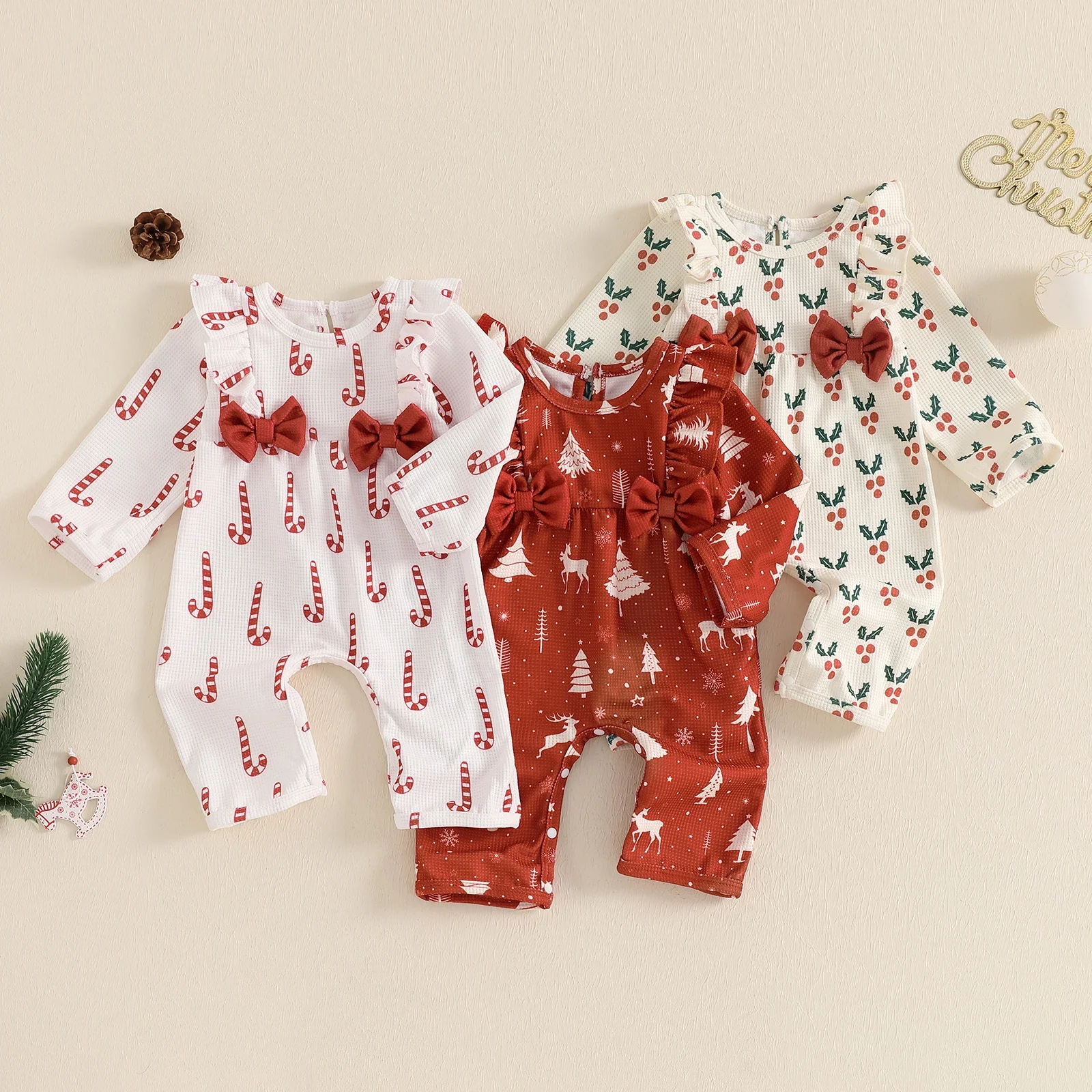 VISgogo Newborn Baby Girls Christmas Jumpsuit Long Sleeve Candy Cane/Christmas Tree Print Rompers Baby Fall Clothes