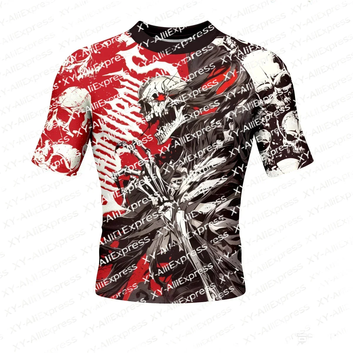 Dark Anime Grim Reaper Skull Full Print Mens Raglan Compression T Shirt Quick Dry Bodybuilding Training Streetwear Athletic Tee