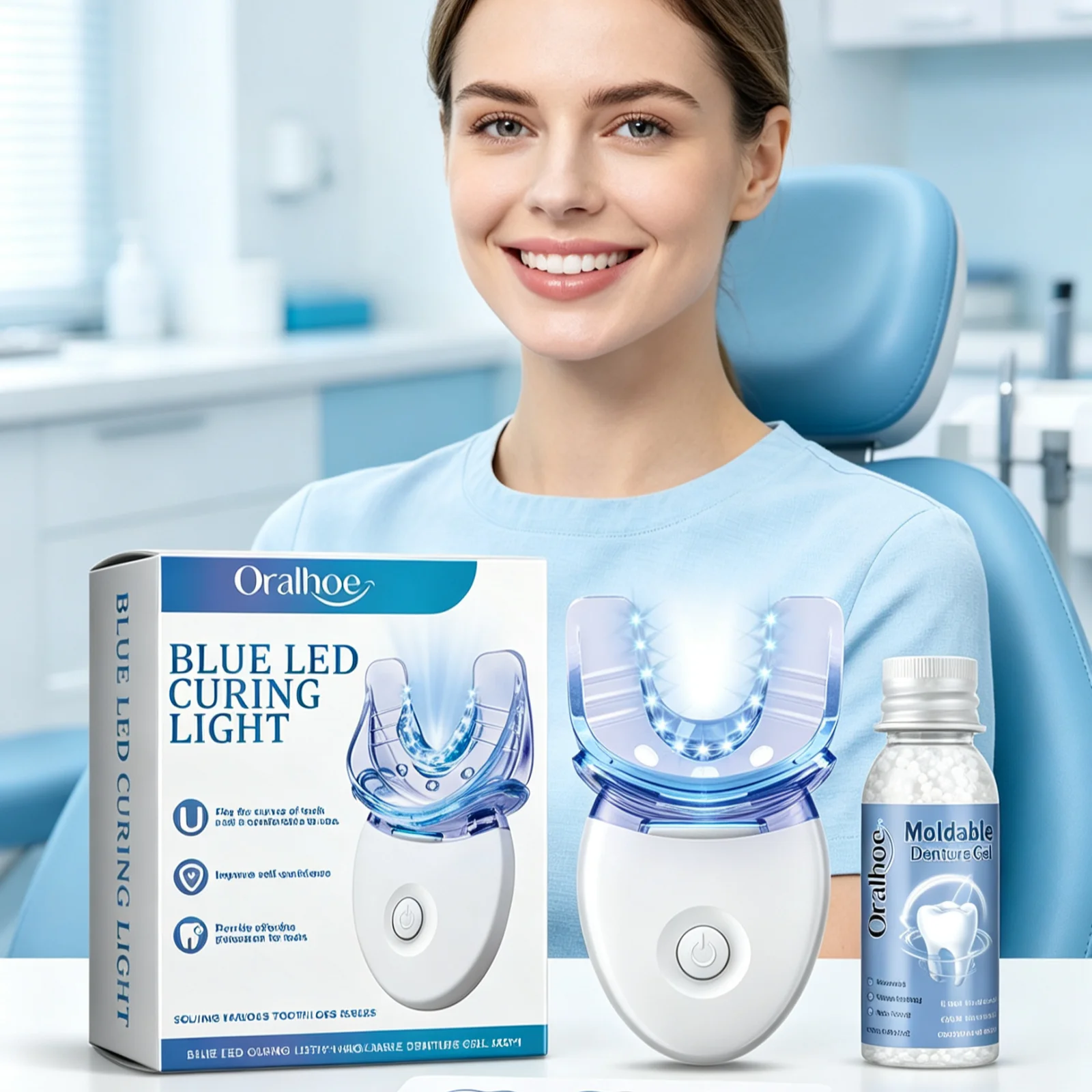 Dentures Repairing Kit Fill Defects Restore Teeth Integrity Enhances Durability Shapeable False Teeth Gel with Blue Curing Light