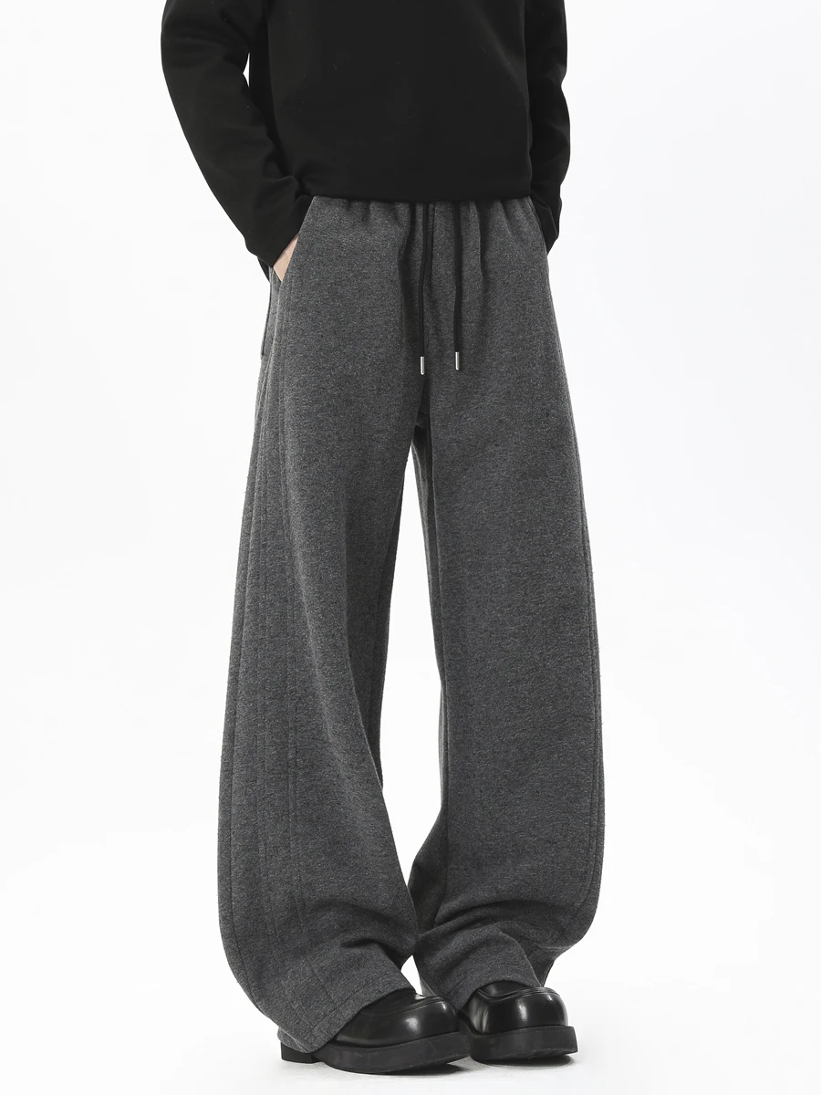 

American Retro Thiened Hooded Pants Men's Winter Fce Lined Thi Loose Straight Leg Casual Pants Lazy Wide Leg Pants