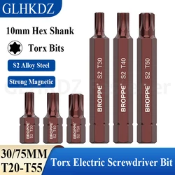 Brocas de destornillador eléctrico T20/25/30/40/45/50/55 Torx, vástago hexagonal de magnetismo fuerte, cabeza de lote S2, alta dureza, 30/75MM