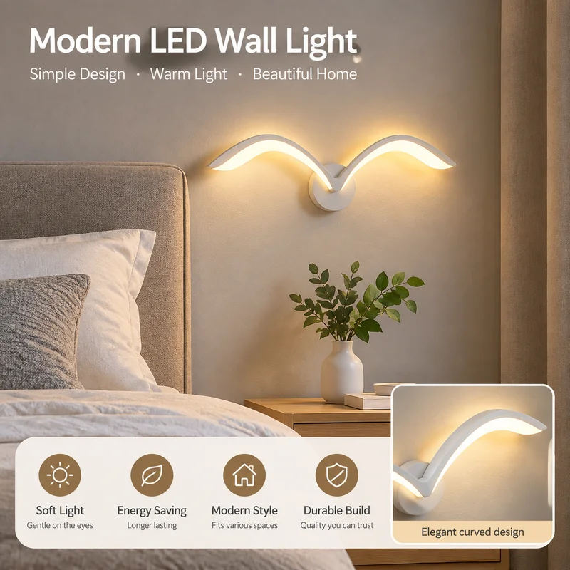 Wall Light Minimalist Seagull LED Sconce, Acrylic Modern Design for Living Room Bedroom Bedside Home Deco Premium Wall Lamp Pro