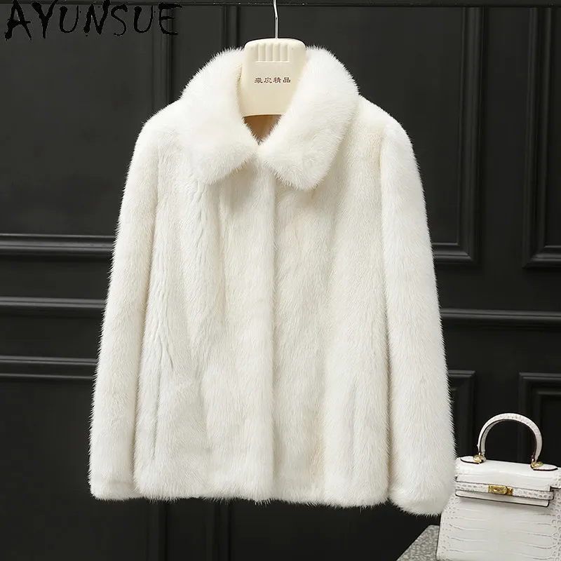 

Шуба из натурального меха норки AYUNSUE, элегантная зимняя куртка для женщин, короткая меховая куртка с лацканами, женская одежда