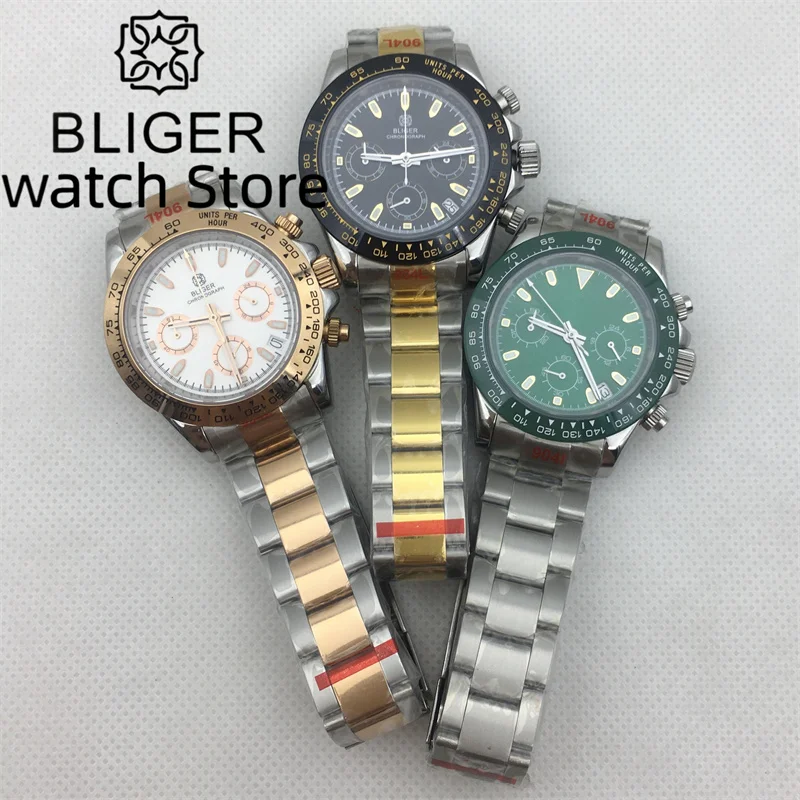 BLIGER 39mm quartz chronograph VK63 Movement Sapphire Glass Men's Watch Calendar Oyster strap Three-eye dial Green luminous