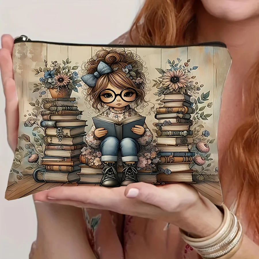 Whimsical Book Lover Design Cosmetic Bag , Durable Fabric Toiletry Pouch for Women, Teachers, Friends