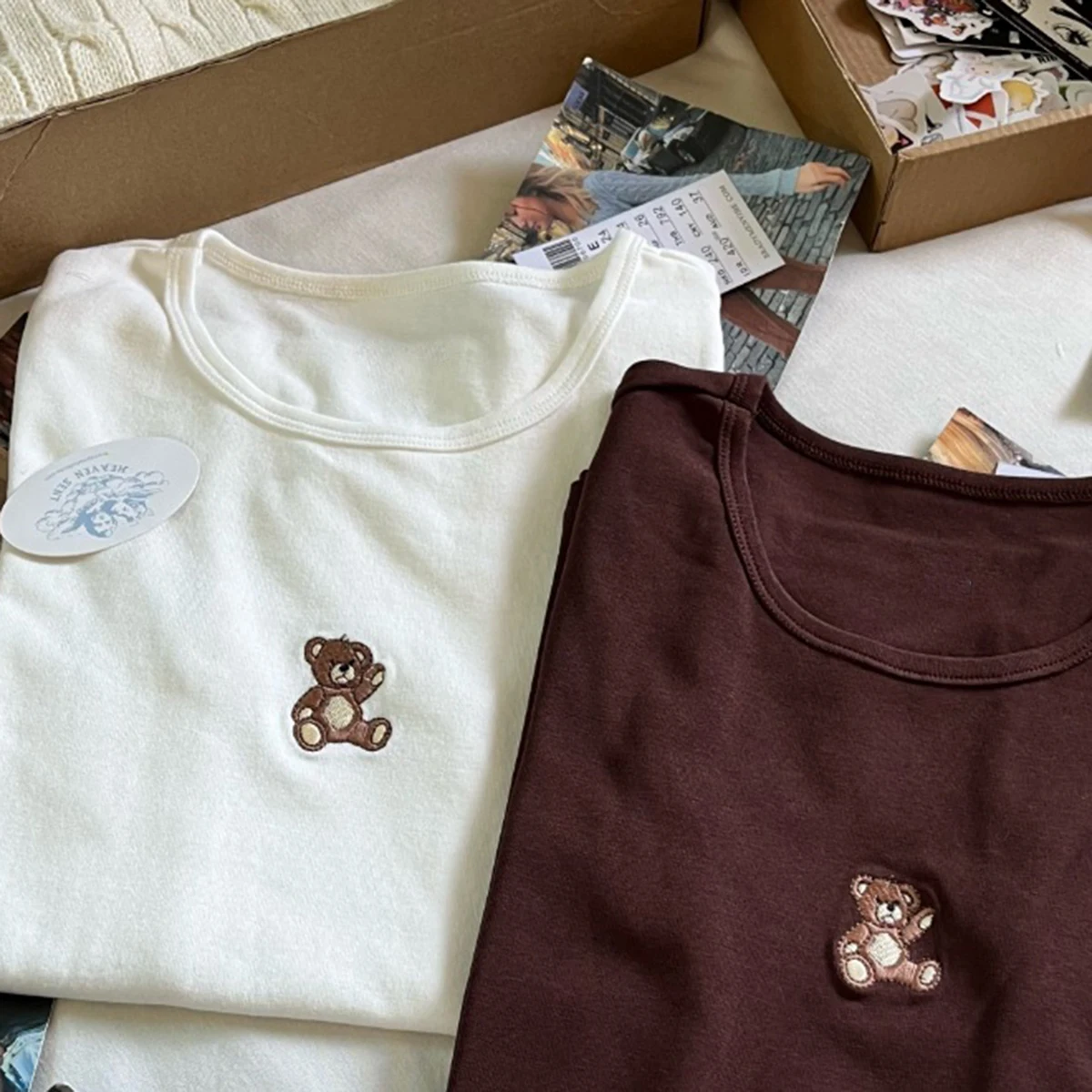 Bear Embroidery T-Shirts for Women Summer 2000s Y2K Clothes 2024 Short Sleeve Cute Kawaii Tees Tops Youthful Trending T-Shirts