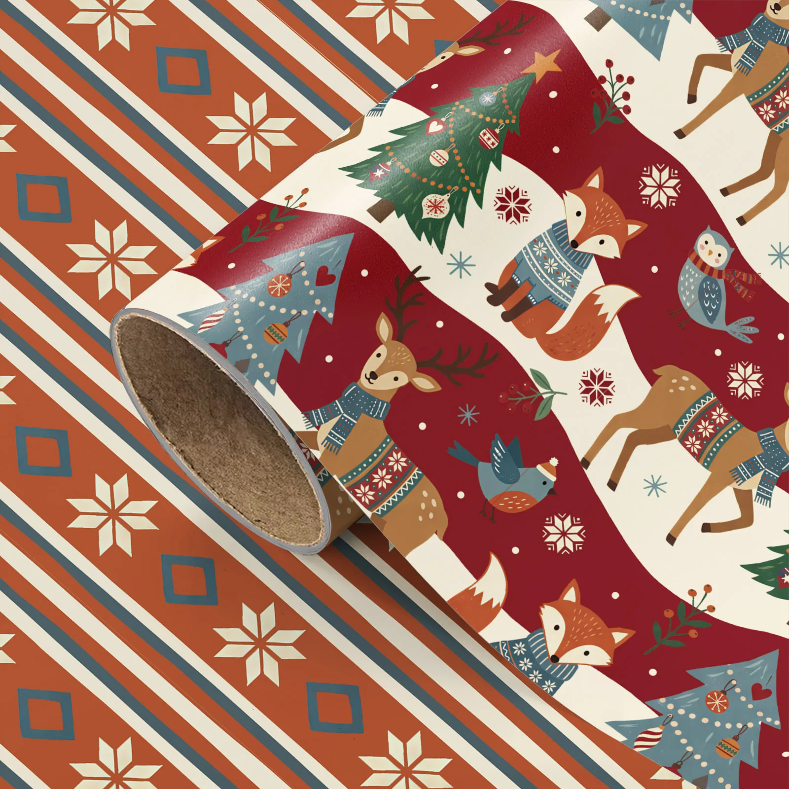1 Roll of Red and White Striped Christmas Wrapping Paper, Sweater Reindeer and Fox Design, Holiday Gift DIY Decorative Paper, 43.2cm X 300cm (17inch X 9.84 Feet)