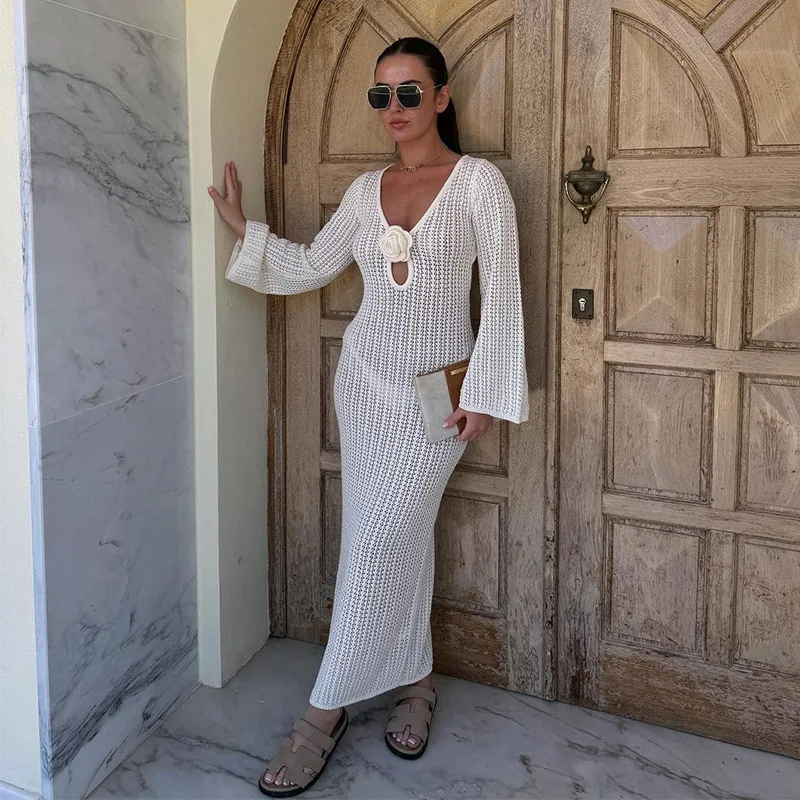 فستان مثير نحيف بلون سادة موضة الصيف عادية مريحة منتجع الشاطئ فساتين طويلة الأكمام بلوفر مغزول ملابس امرأة