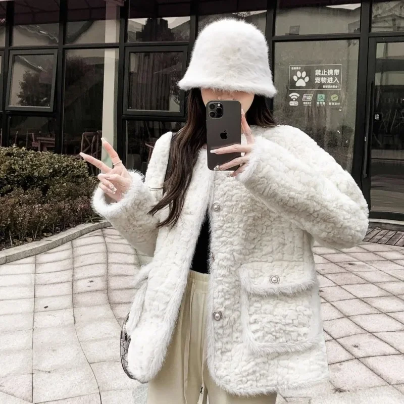 Fashion Casual Round Neck Jacket Winter New Women Faux Rabbit Fur Coat Female Temperament Thickening Solid Color Loose Outwear