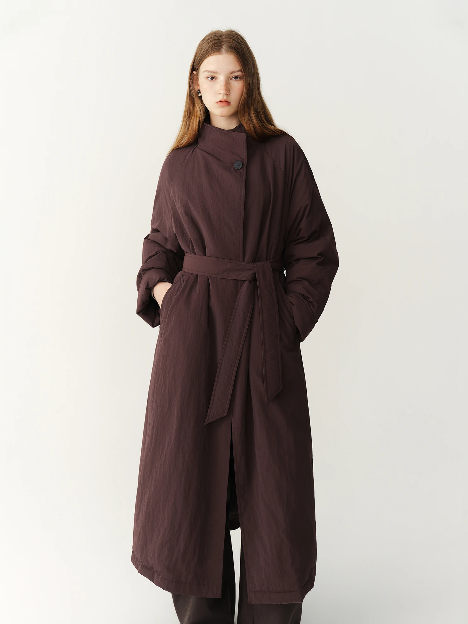 FSLE 2026 Winter Women's Commute Stand Collar Direct Down Fill Trench Inspired Down Mid Long Puffer Coat Warm Quilted Outerwear