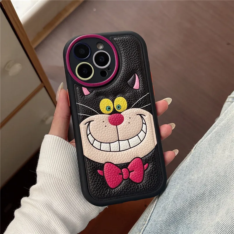 Lucifer Cat Disney Cinderella 3D Emboss Leather Phone Case for iPhone 13 14 15 16 Pro Max for iphone13pro,14pro,16pro Skin Cover