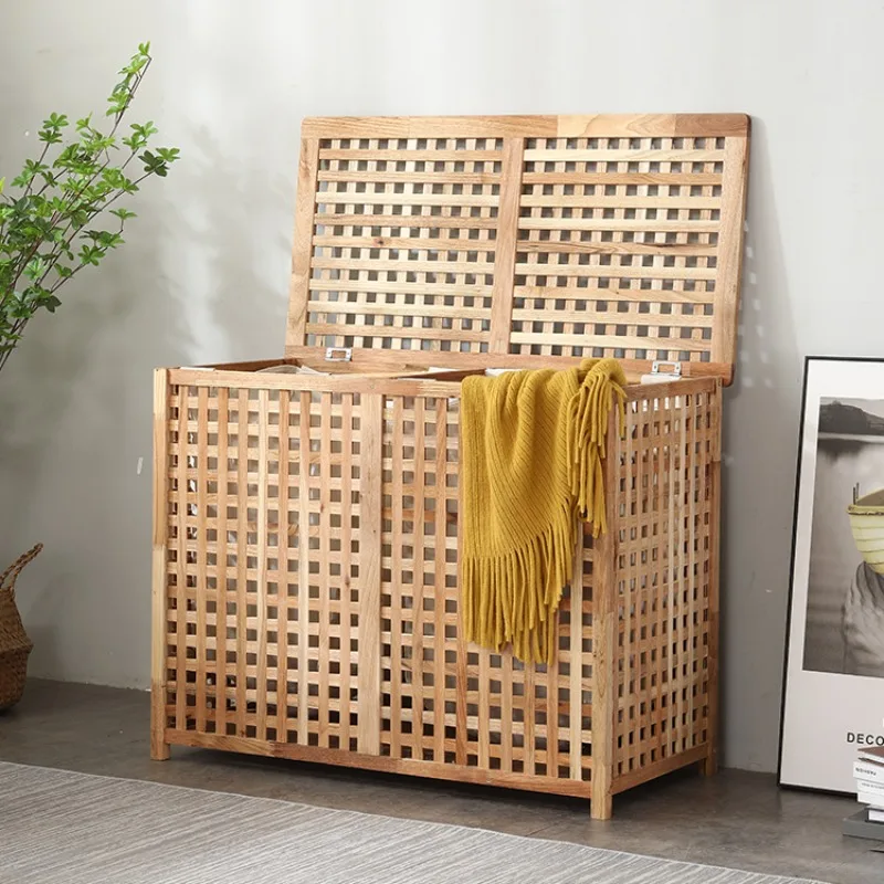Solid wood storage box, double cloth bag removable household laundry basket