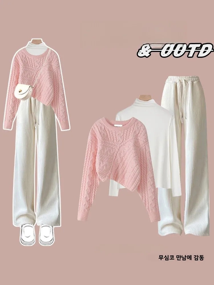 Women's Knitted Knitwear Slim Fit Base Layer Casual Pants Tee Piece Set Autumn Faion Trendy Salt Series Casual Wear