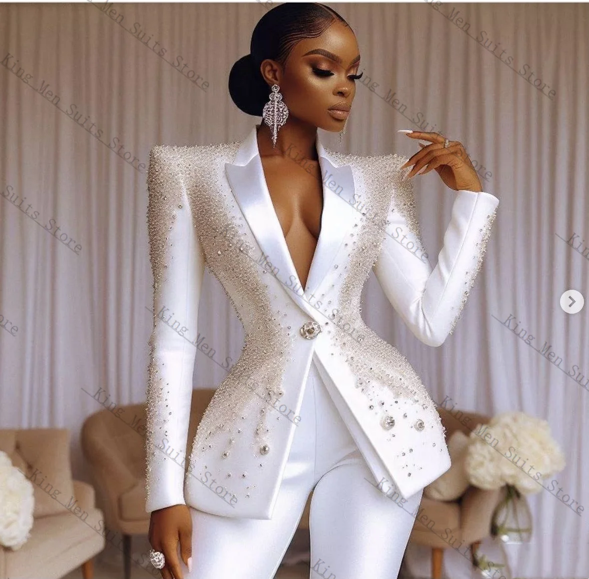 White Pearls Women Suit Set 2 Pcs Blazer+Straight Pants Trousers Luxury Customized Formal Guest Wedding Tuxedos Coat Jacket image 2