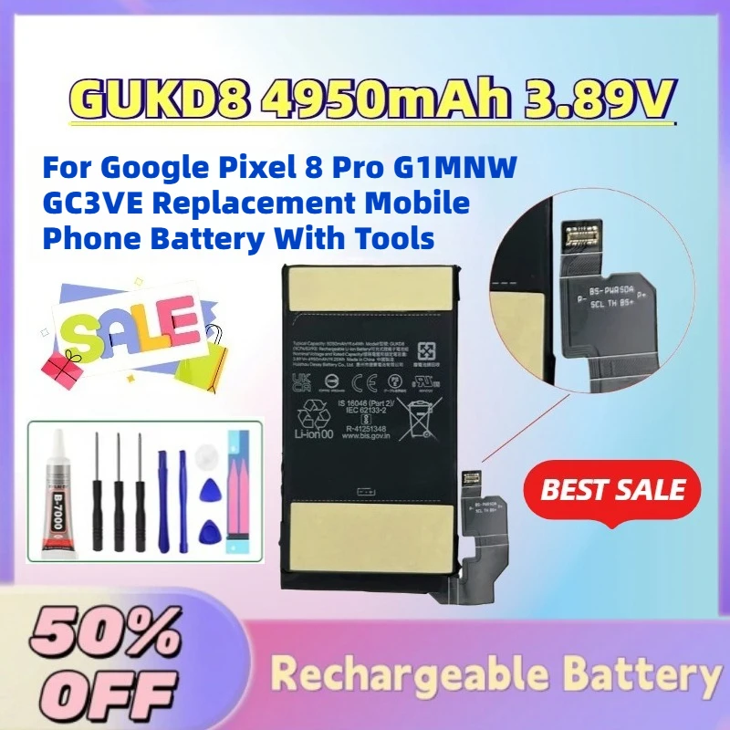 

High-Performance GUKD8 4950mAh 3.89V Battery for Google Pixel 8 Pro G1MNW GC3VE Replacement Mobile Phone Battery With Tools