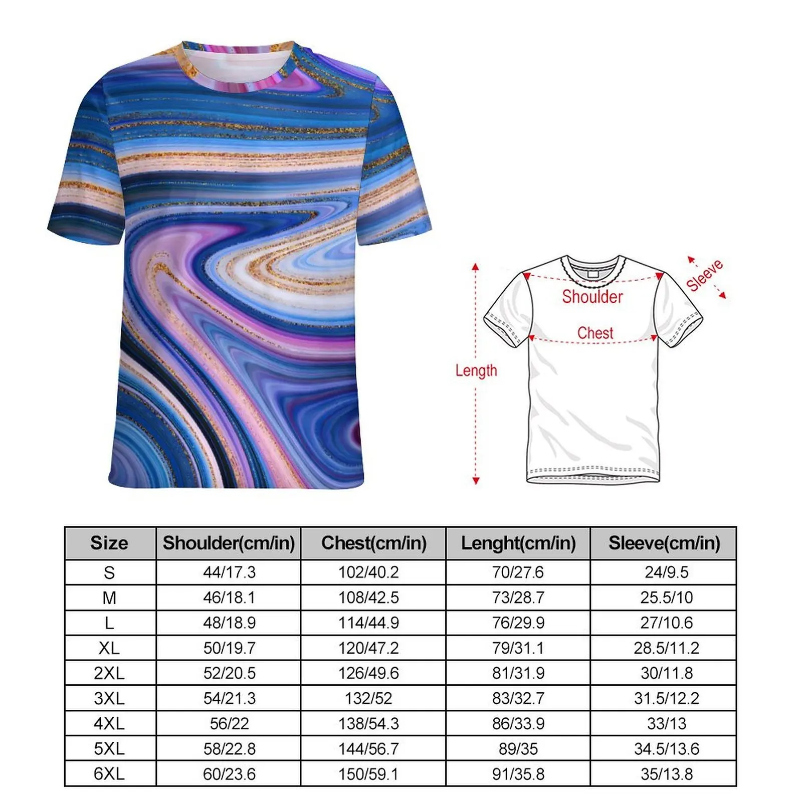 Blue And Gold Marble T Shirt Colorful Print Vintage T Shirts Mens Casual Tshirt Beach Short Sleeves Custom Tees 4XL 5XL 6XL