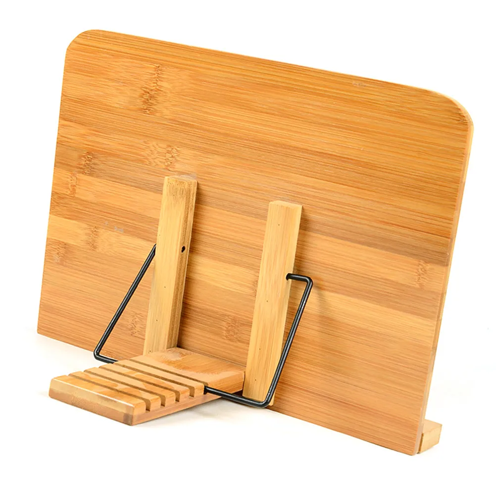Bamboo Book Holder Adjustable Reading Stand 34x24cm 5 Grooves Stable Rugged Fold Flat Hands Free for Cooking Reading Work