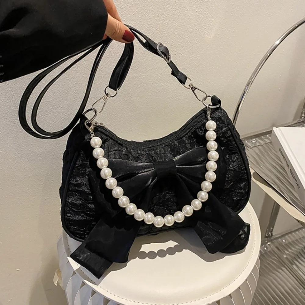 

Retro Canvas Bow Shoulder Bag Korean Style Pearl Bow Underarm Bag Crossbody Bag Handbag Small Square Bag Daily