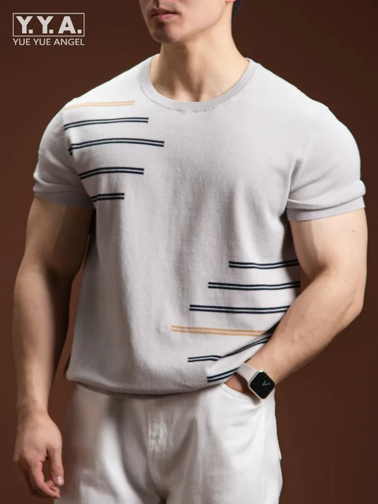 

Summer Male Fashion Comfortable O Neck Slim Fit Knitted Tops Breathable Short Sleeve T-Shirt Knitwear Business Casual Pullover