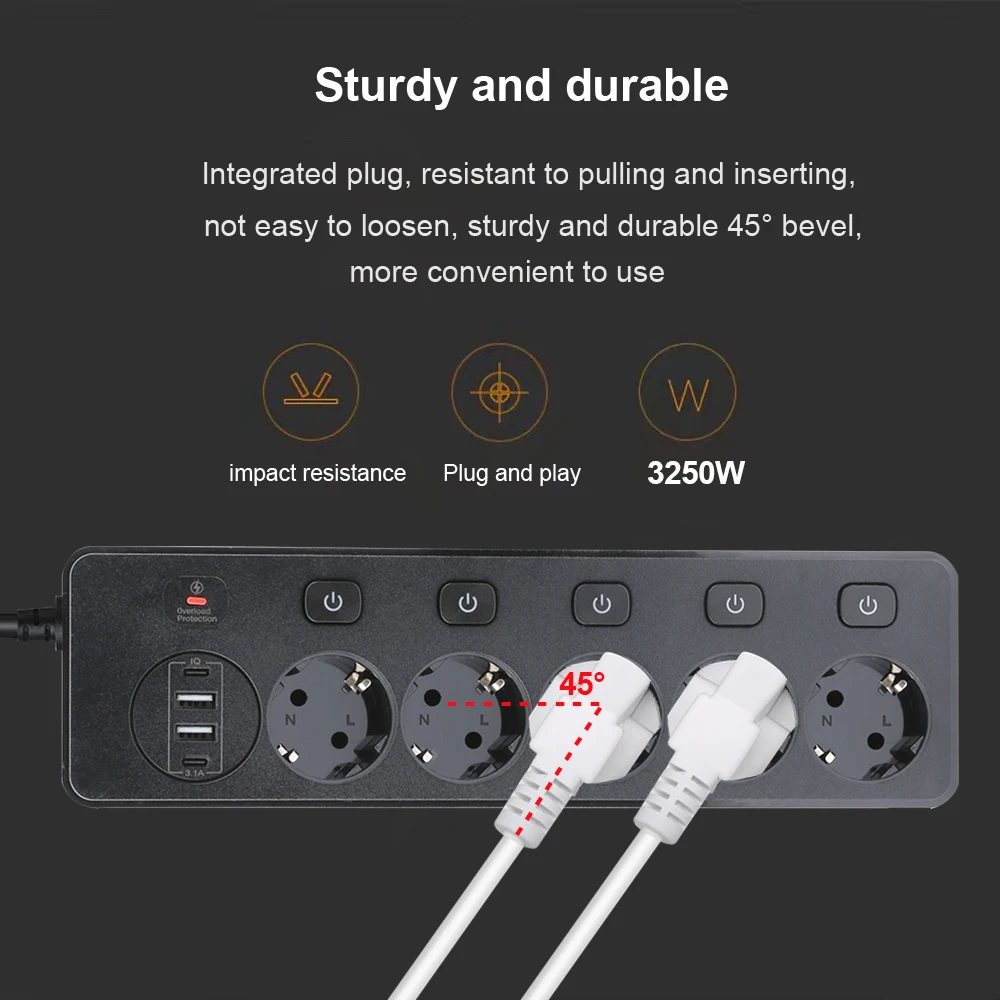 EU Power Strip Overload Protection With 2USB-C 2USB Port Control Switch Multiprise Network Filter Individual Switch For Home