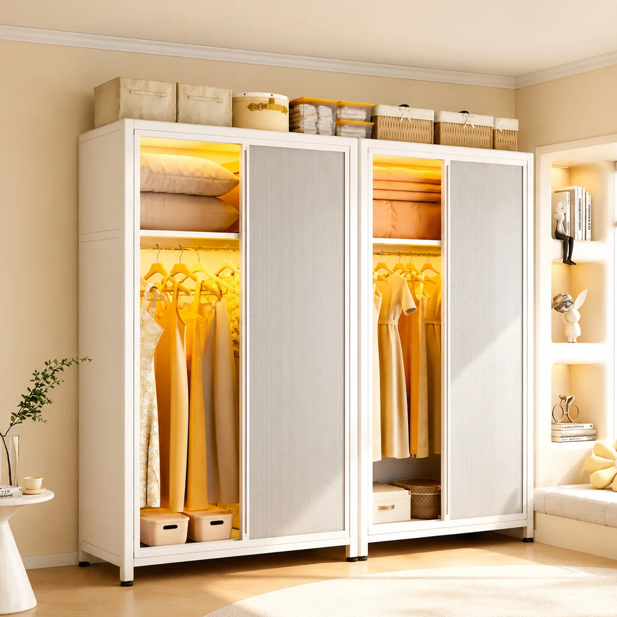 Household steel sliding door wardrobe, simple coat rack, multi-layer locker