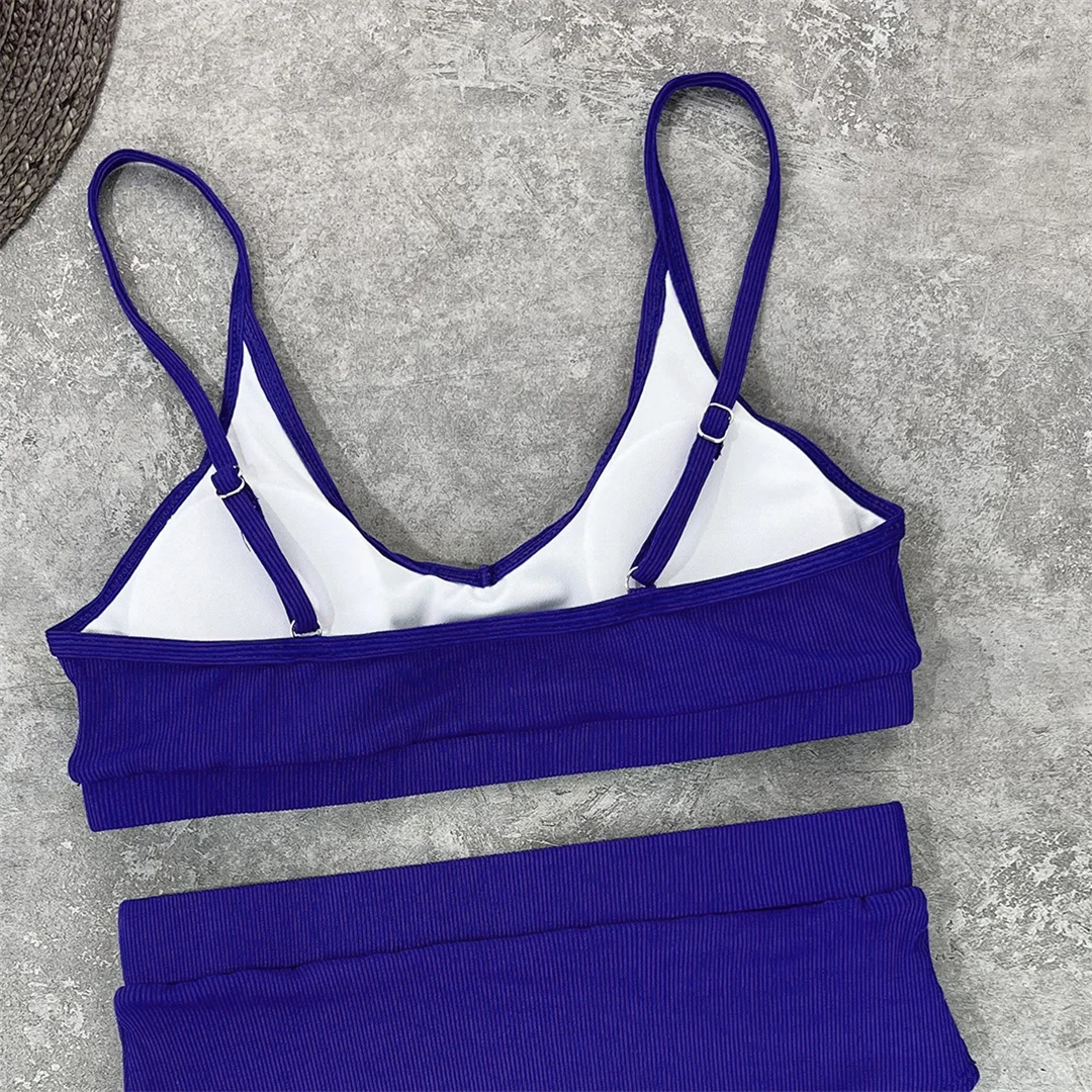 Neuer, gerippter, gepolsterter Bikini mit hoher Taille in 4 Farben, Damen-Badeanzug, zweiteiliges Bikini-Set, Badebekleidung, Badeanzug, Modell V3768. – Detail 33