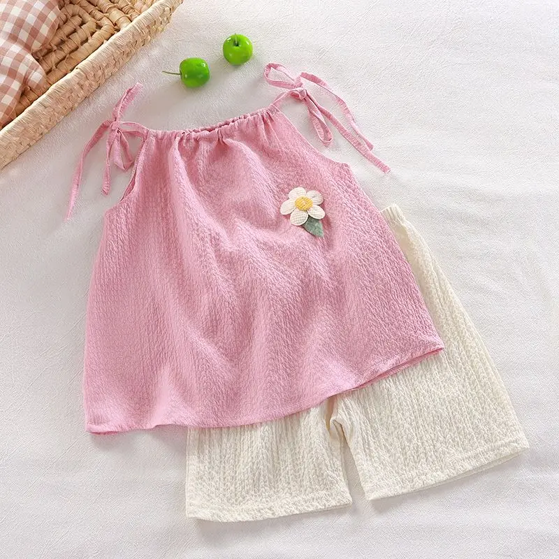 Children's Clothing Sets Floral Embellished Halter Top + Shorts 2pcs Sets Baby Girl Clothes  Kids Clothes Girls Outfit Sets image 2
