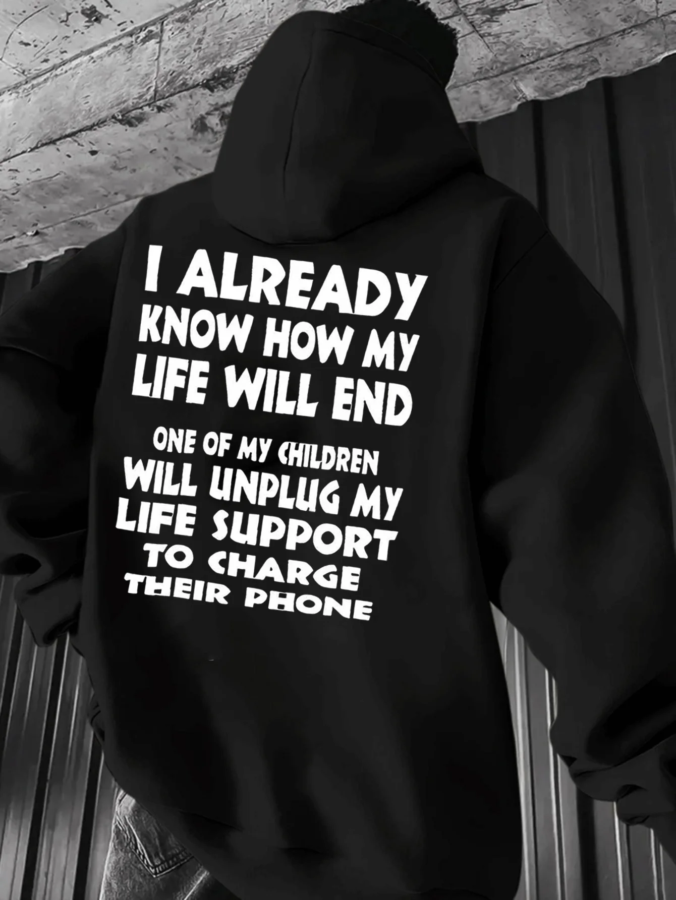 Humorous Men's Hoodie with Satirical Quotes Engraved on the Back: 