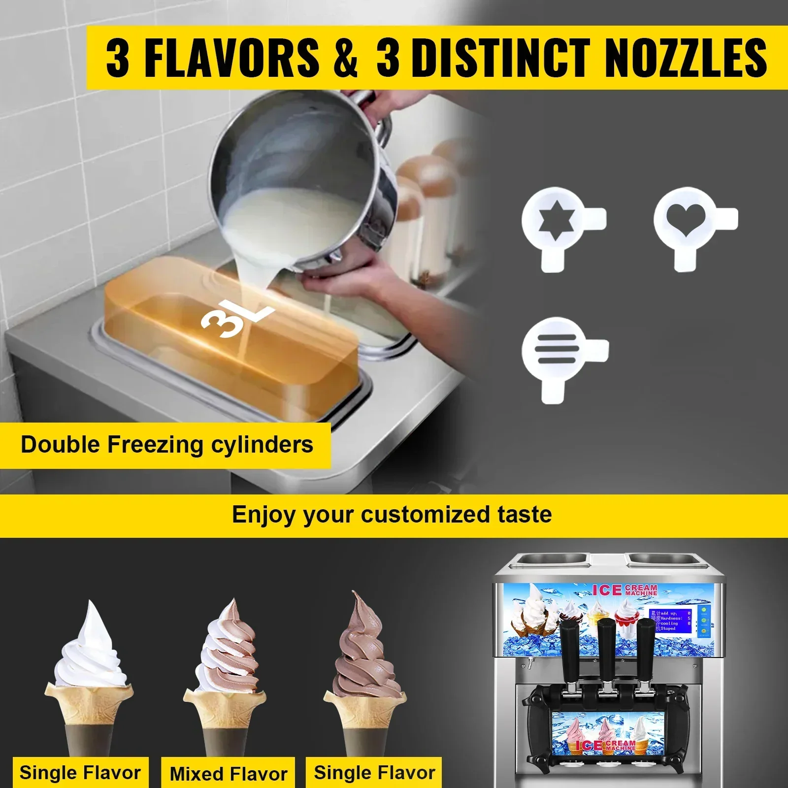 

VEVOR Commercial Ice Cream Machine 3-flavor Yogurt Maker One-click Clean 18L/H LCD Display New Soft Ice Cream machine for Home