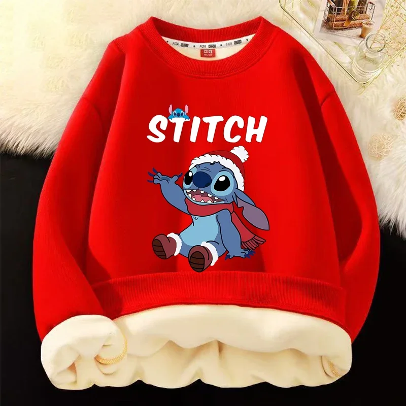 STITCH Toddler Christmas Sweatshirts Cartoon Print Crewneck Pullover Thickening Tshirt Kid Winter Long Sleeve Top Cute Clothes