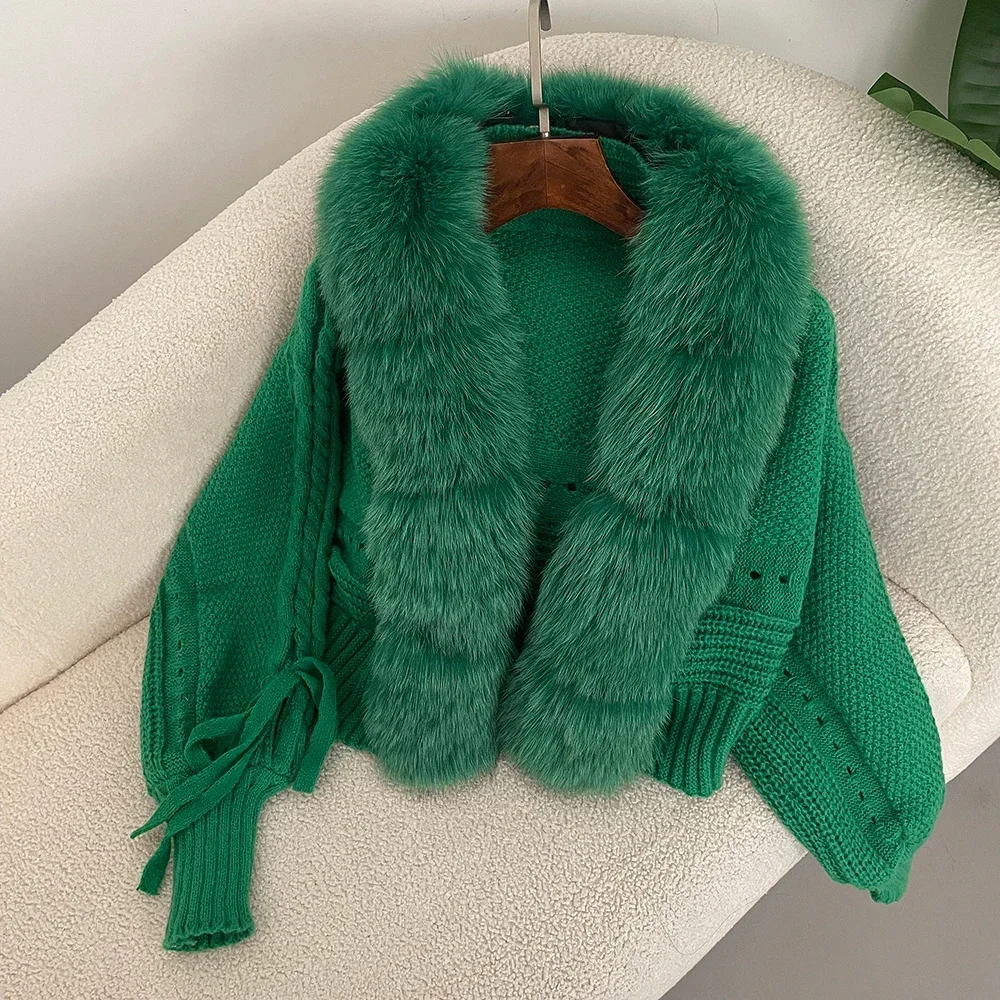 New Knitting Cardigan Placket Coat Casual Real Fox Fur New Fashion Short Warm 2024 Winter Women Knitted Jacket with Natural Fur