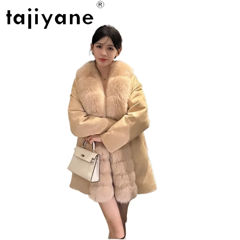 เสื้อโค้ทขนห่านสีขาวสำหรับผู้หญิง TAJIYANE แจ็คเก็ตขนสัตว์หรูหราสำหรับผู้หญิง เสื้อโค้ทหนังกลับอุ่นๆ เสื้อผ้าฤดูหนาวปี 2025 สำหรับผู้หญิง куртка женская